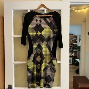 Desigual Black and Yellow Rétro Geometric Midi Dress